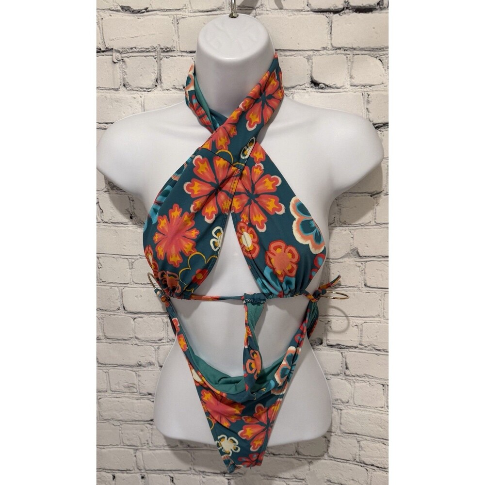 IconSwim one piece monokini in retro floral w/ gold tone rings Size XL